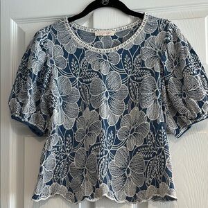 Blue and White Floral Lace Top